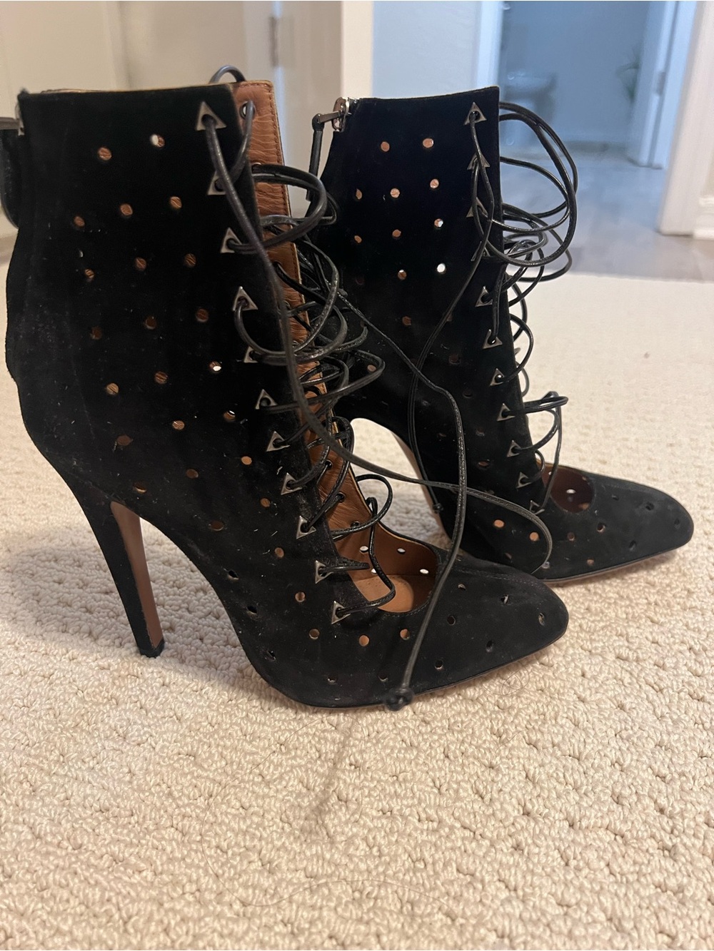 Alaïa Black Suede Lace-Up Perforated High-Heel Ankle Boots